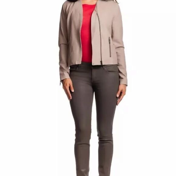 Joie Kellyn Opal Leather Taupe Cream Jacket  Zipper Size M - Picture 7 of 15